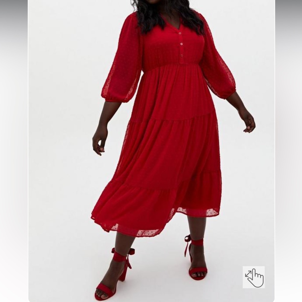 Torrid Red Chiffon Clip Dot Skater Tea-Length Dress Size 1